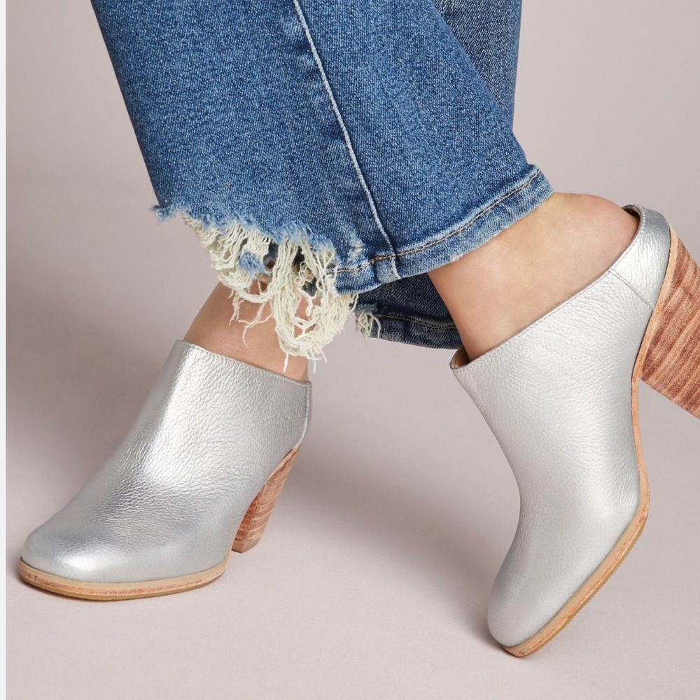 Rachel Comey Silver Leather Mules with Wood Block Heel